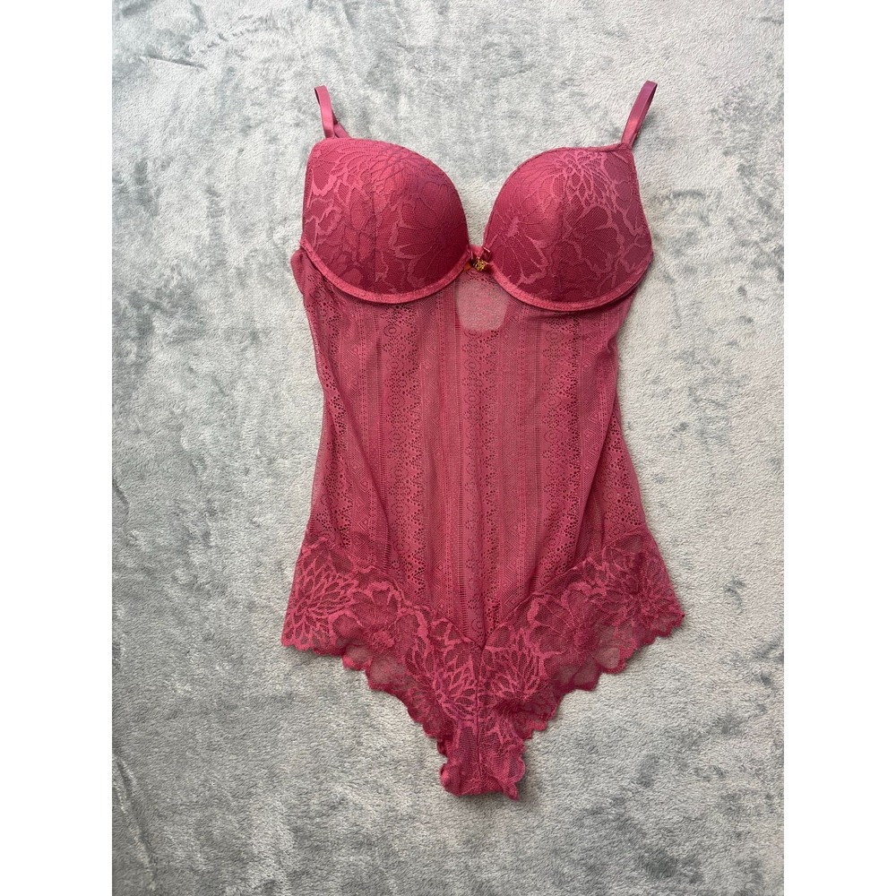Daisy Fuentes Coral Lace Bodysuit Padded Bra Top Size Large DF2324A